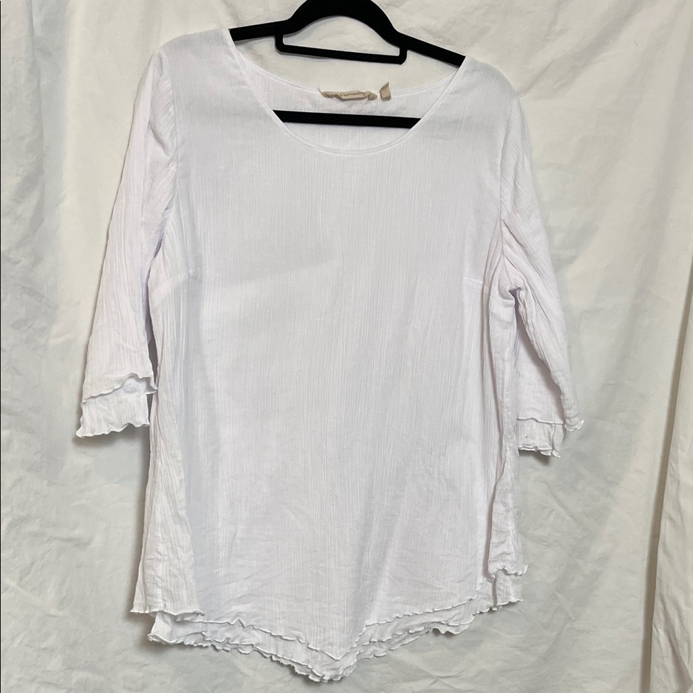 Soft Surroundings White Scoop-Neck 3/4 Sleeve Ruffle-Hem Tunic Size XL